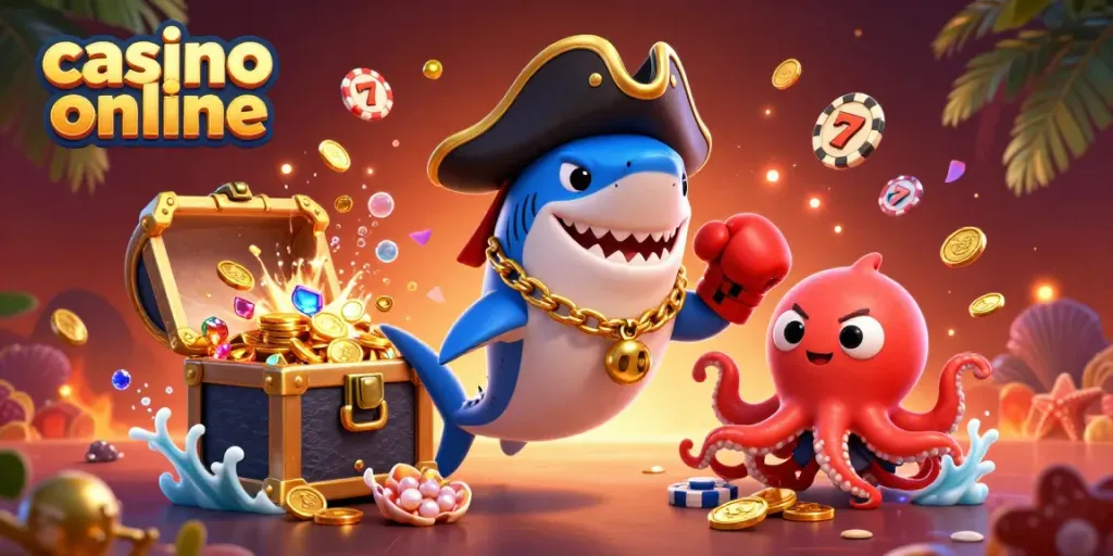 Delightful characters celebrate winnings at a vibrant casino online adventure.