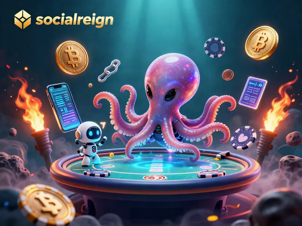 Engage with socialreign's thrilling holographic poker scene featuring a 3D octopus and crypto elements.