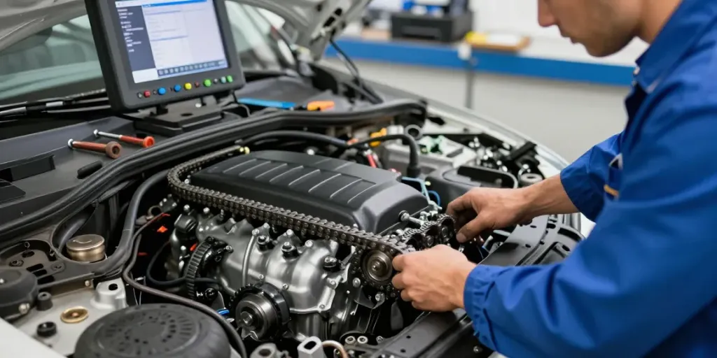 Mechaniker bei der Inspektion einer Steuerkette wechseln Hannover in einer Autowerkstatt