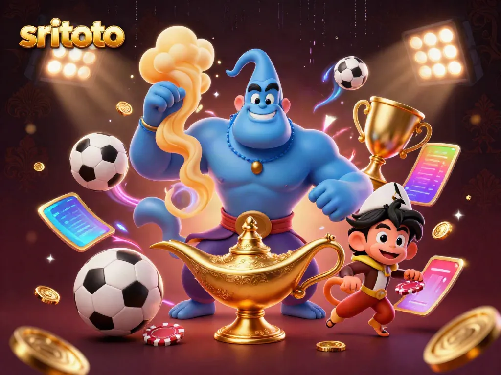 Gambarkan momen menyenangkan dengan sritoto di kasino; lampu genie, koin emas, dan kartu taruhan.