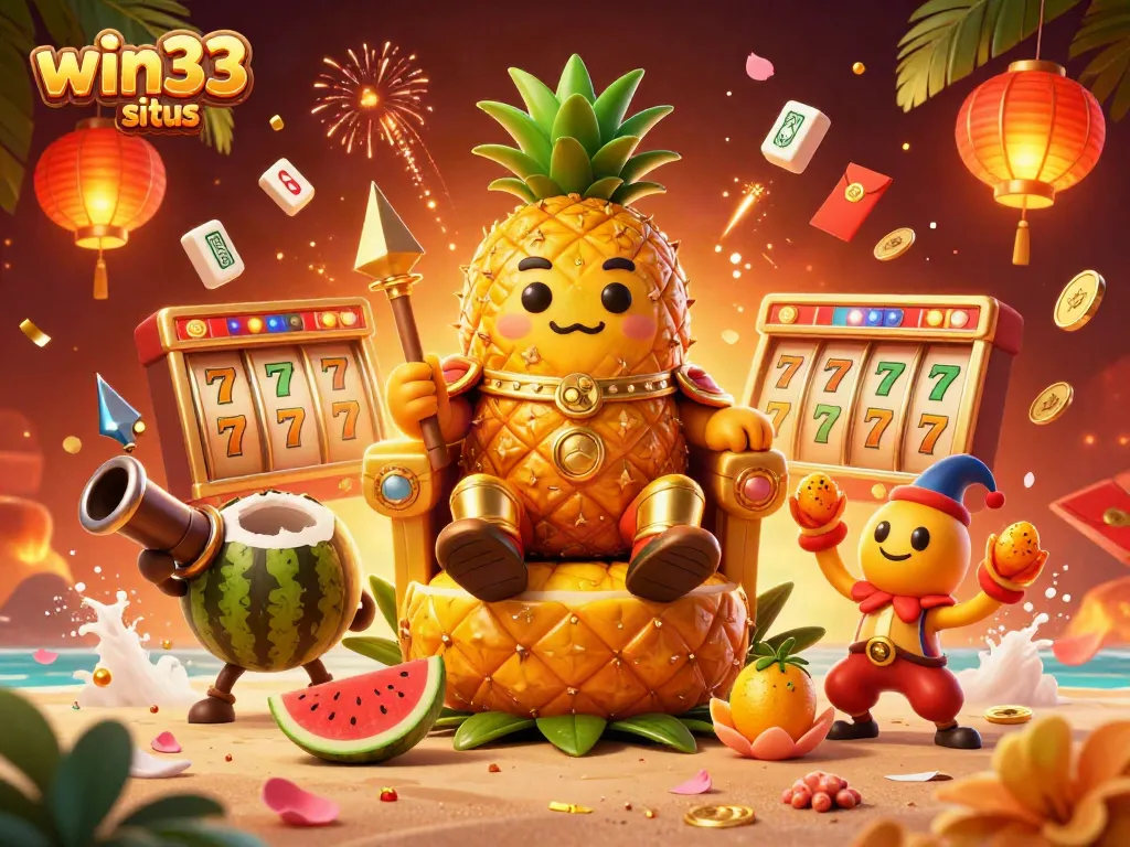 Experience the excitement of win33 situs with a vibrant 3D illustration of a casino scene featuring a pineapple king and his companions.