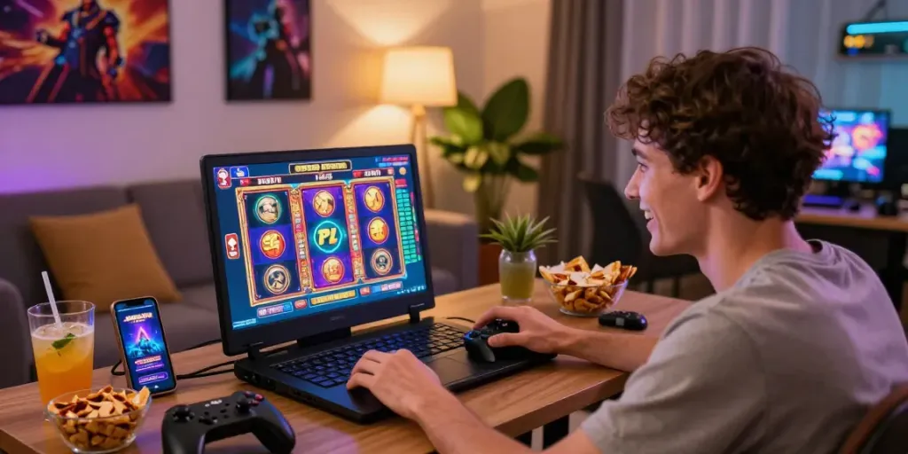 Permainan Situs PG dengan pemain senang di ruang tamu, menampilkan slot warna-warni.