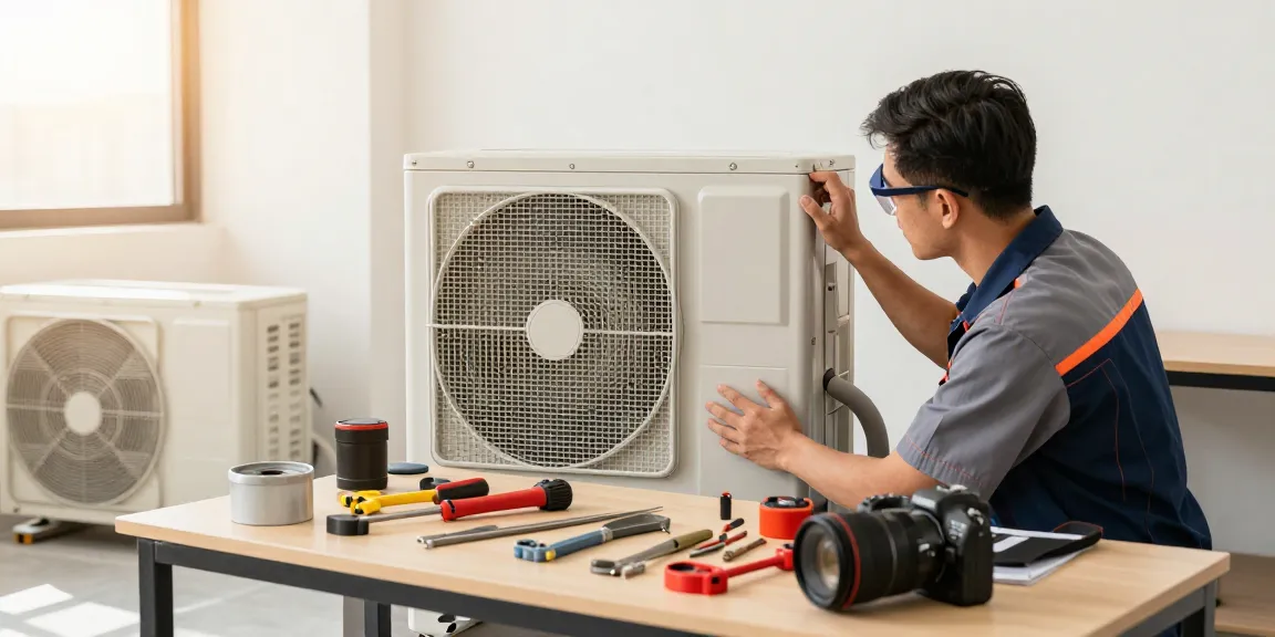 Central type AC repair technician diagnosing issues with professional tools in bright indoor setting.