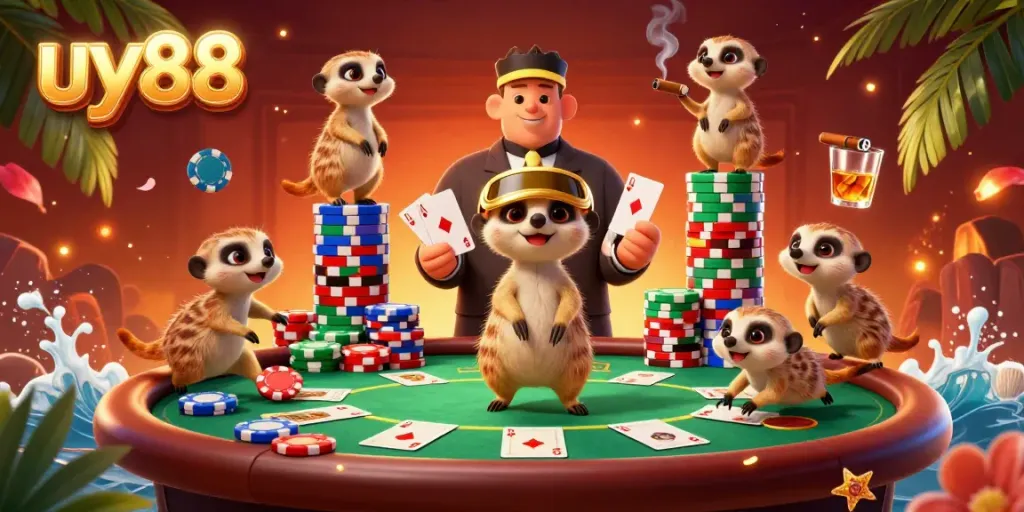 Engaging uy88-themed casino illustration with meerkats, poker elements, and vibrant colors.