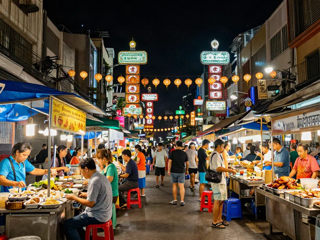 Chinatown Bangkok nightlife scene with food vendors and neon lights, perfect for travel guides and culinary tourism.