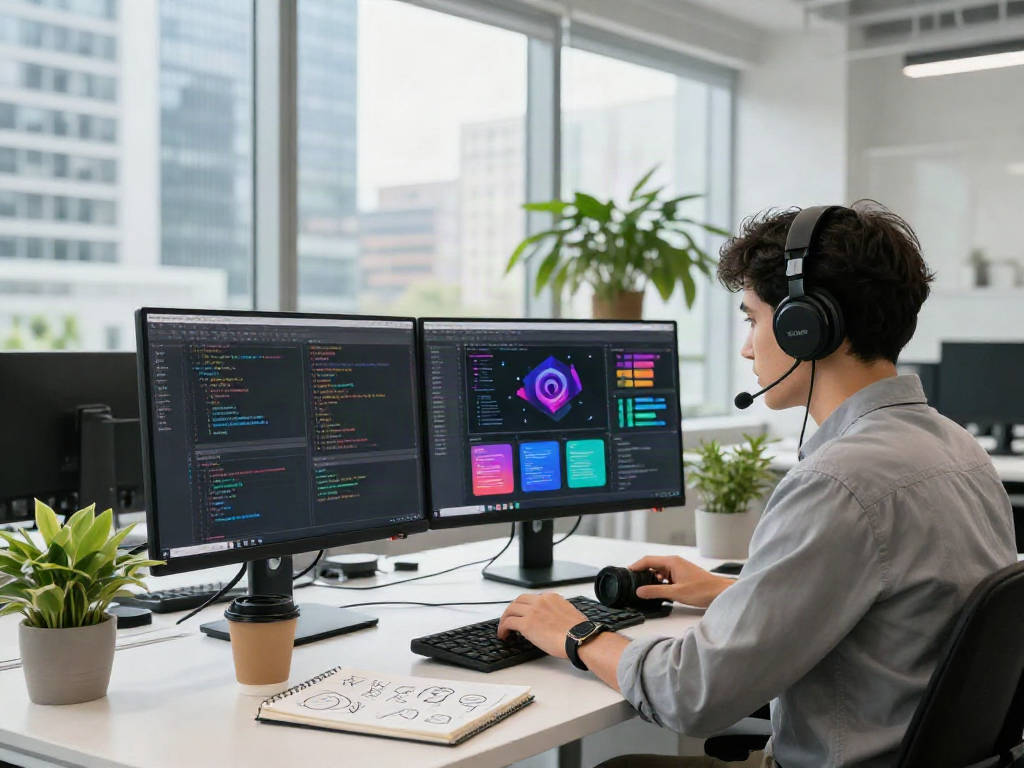 Focused professional working on a spotify mod app in a bright tech workspace