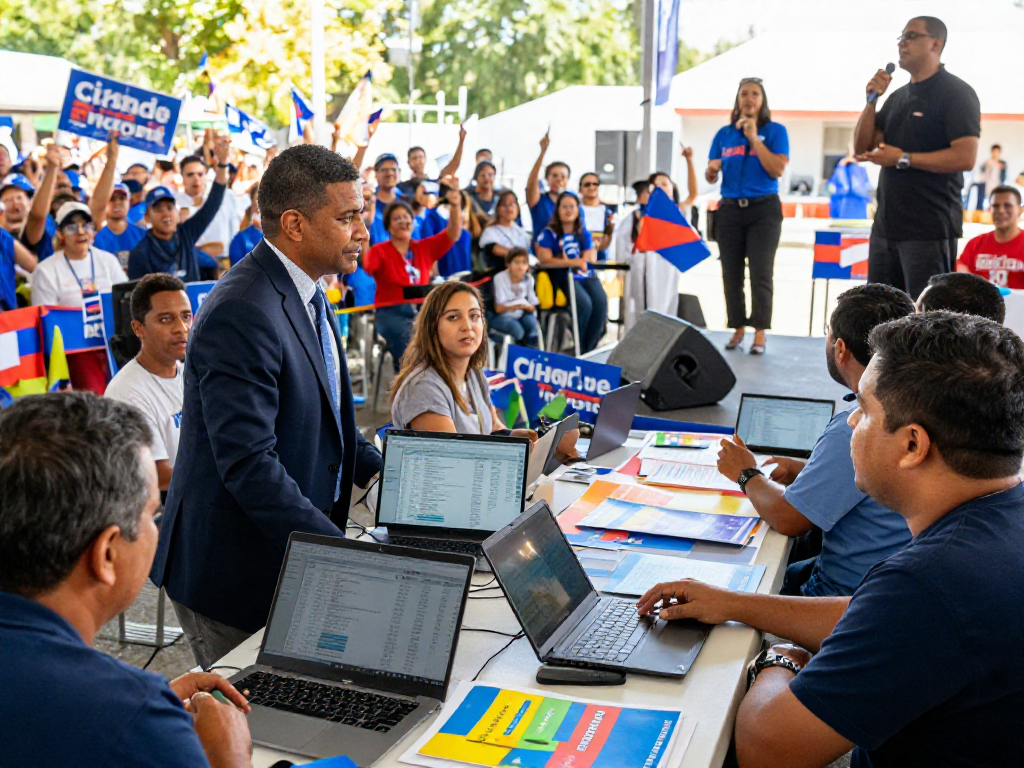 Political reputation management in dynamic campaign setting with volunteers and data analytics at a lively rally.