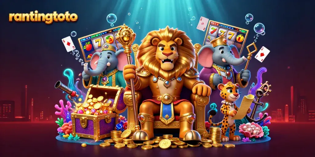 Gambarlah slot jackpot rantingtoto yang menampilkan raja singa dan elemen kasino lainnya.