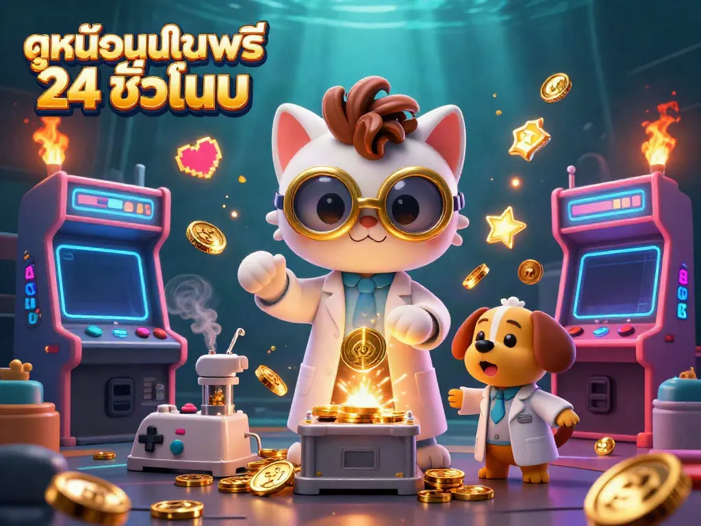 Watch ดูหนังออนไลน์ฟรี 24 ชั่วโมง as the mad scientist cat creates gold coins with vibrant gaming elements.