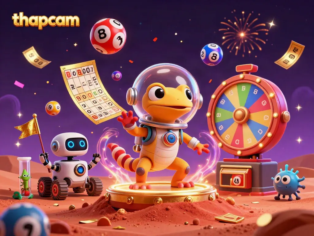 Engage with thapcam's dynamic casino adventure featuring an alien gecko, casino treasures, and vibrant gaming elements.