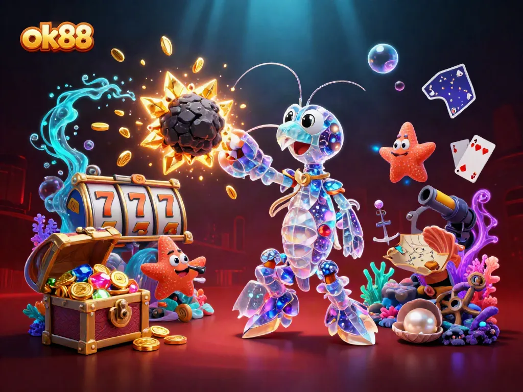Experience thrilling gameplay with ok88's vibrant characters and dynamic casino elements in a stunning illustration.