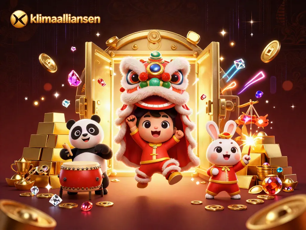 Experience thrilling gameplay at klimaalliansen with dazzling treasures and festive characters in a vibrant casino scene.