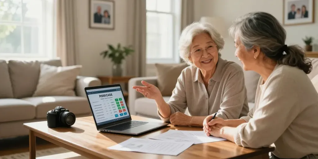 Couple exploring reverse mortgages options in a cozy living room with financial documents and a laptop.
