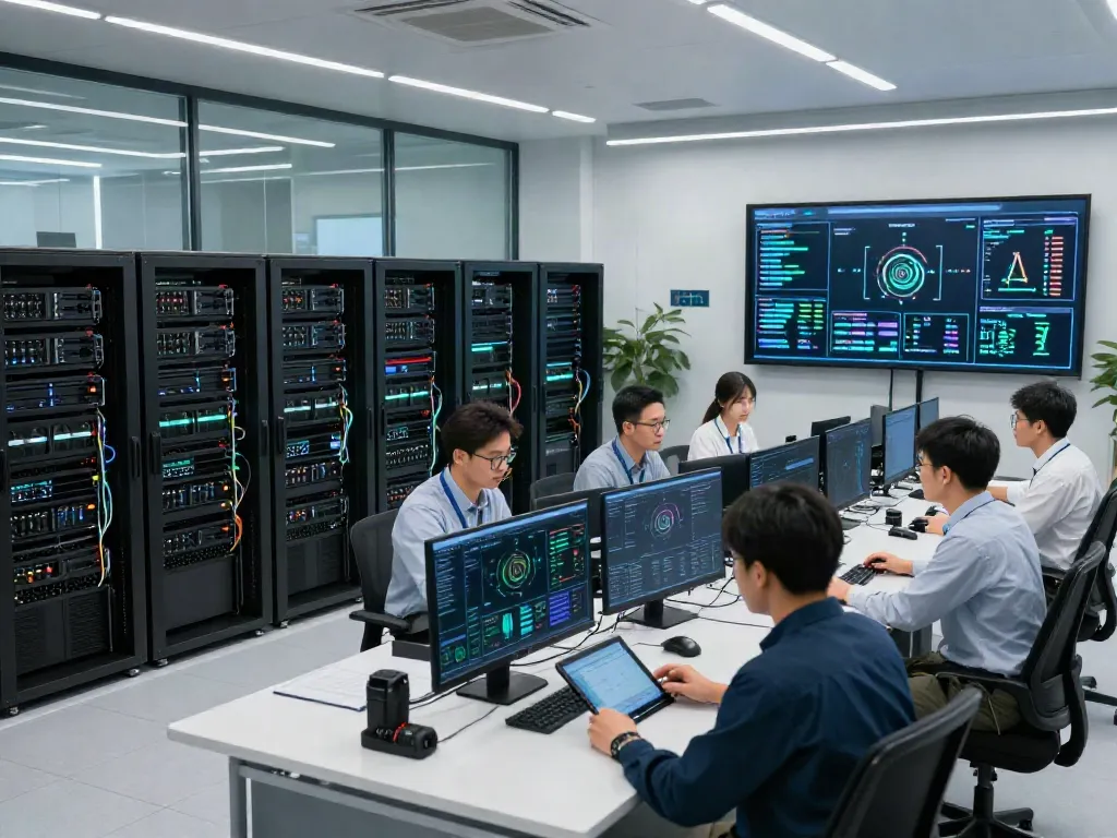 AI data center with engineers collaborating over GPU servers and digital displays.