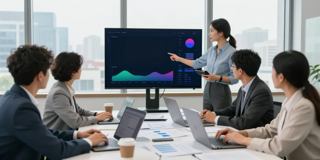 Accounting firm Australia team collaborating in a modern office setting with financial data presentation.