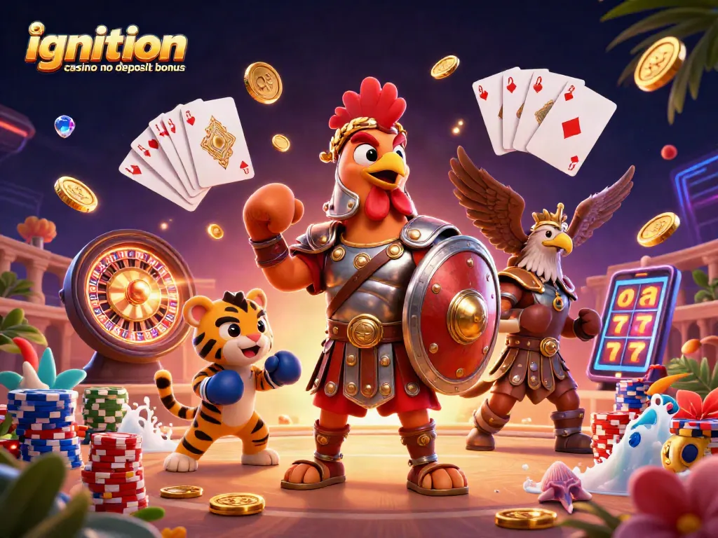 Activate the ignition casino no deposit bonus with glowing coins and casino elements in a vibrant scene.