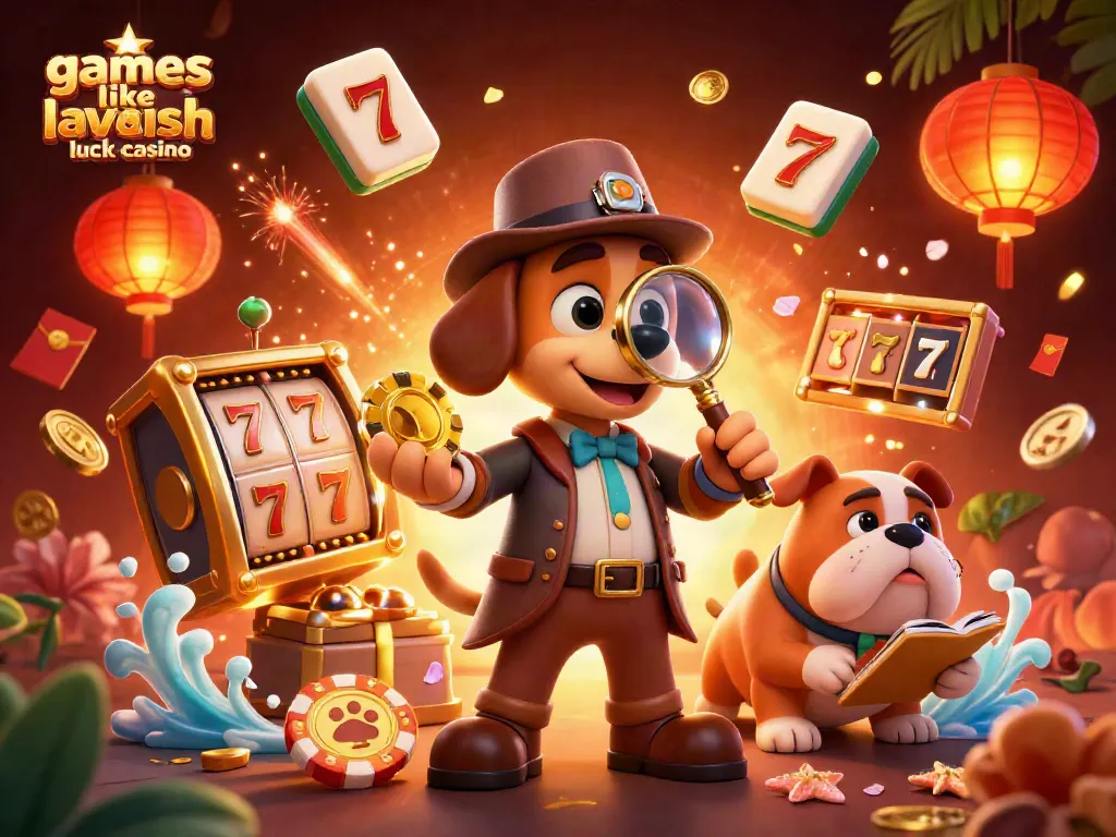 Explore games like lavish luck casino with a charming 3D detective scene featuring exciting gaming elements.