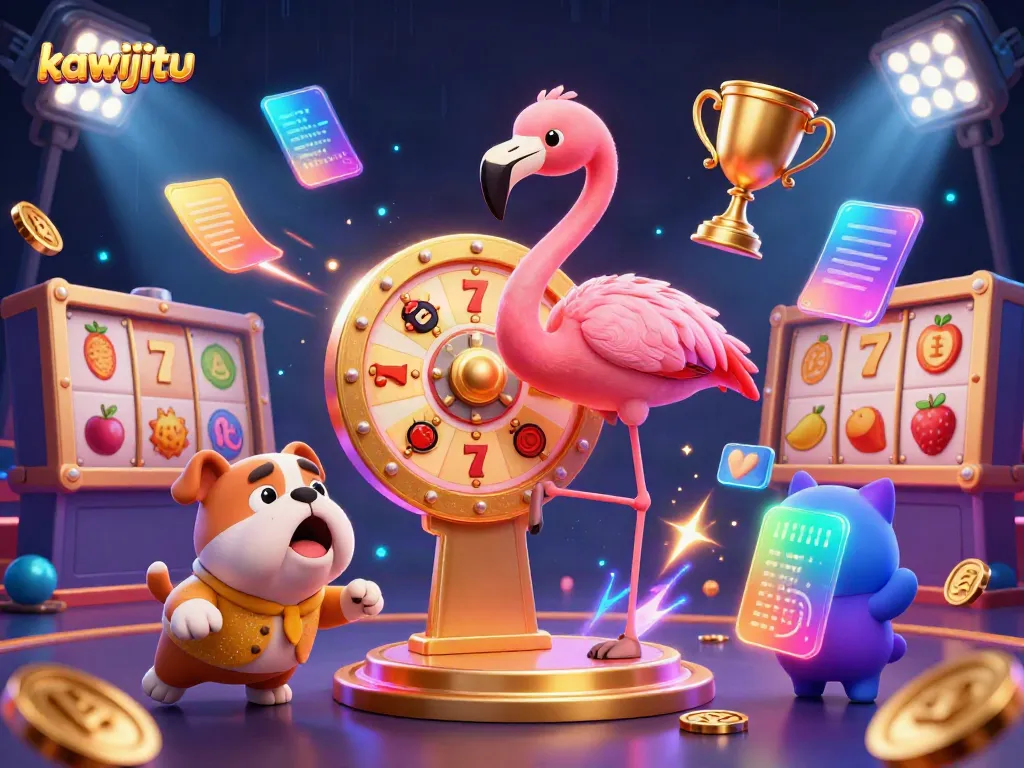 Experience thrilling gaming at kawijitu with colorful slot reels, excited characters, and dynamic gambling elements.