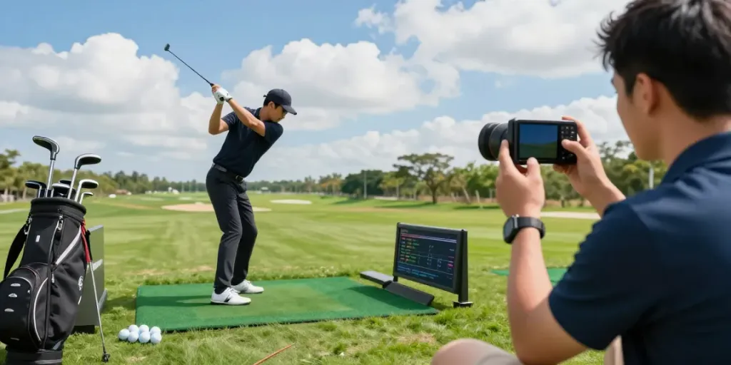 Golfer using budget golf launch monitors during outdoor practice, capturing swing metrics and enjoying the game.