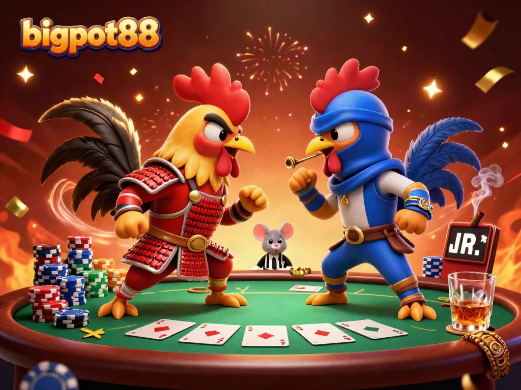 Menghadapi pertarungan epik, bigpot88 menampilkan ayam jantan bertarung di arena kasino.