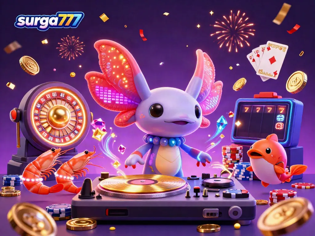 Experience the exhilaration at surga777 with a vibrant celebration of gaming and luck, featuring neon characters and dynamic casino elements.