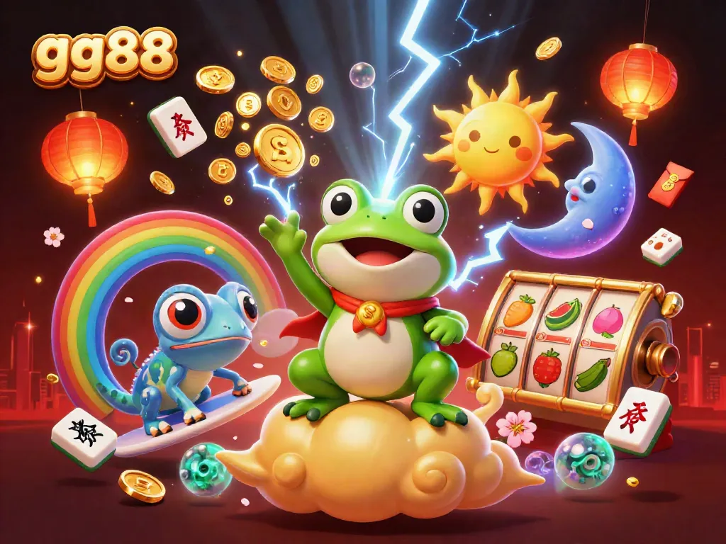 Experience thrilling gaming action at gg88, where a chameleon surfs clouds of luck and a wizard conjures riches.