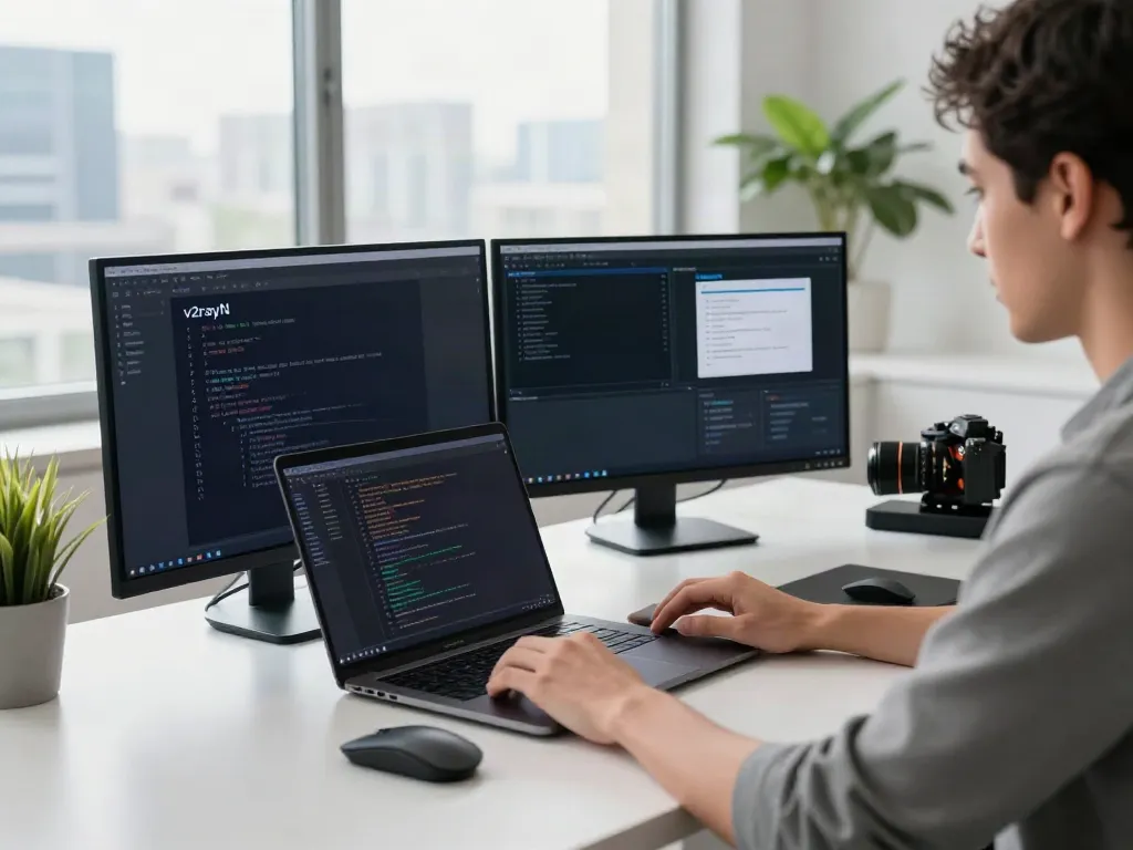 v2rayN官网 developer coding in a tech workspace with dual monitors showing documentation.