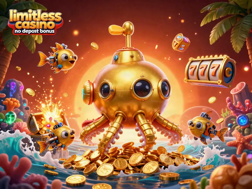 Experience the thrill with limitless casino no deposit bonus floating alongside gold coins and animated slot elements.