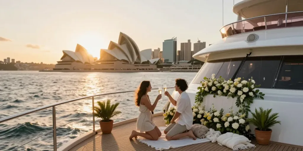 Proposal boat cruise Sydney on a luxury yacht with sunset views and celebratory ambiance.