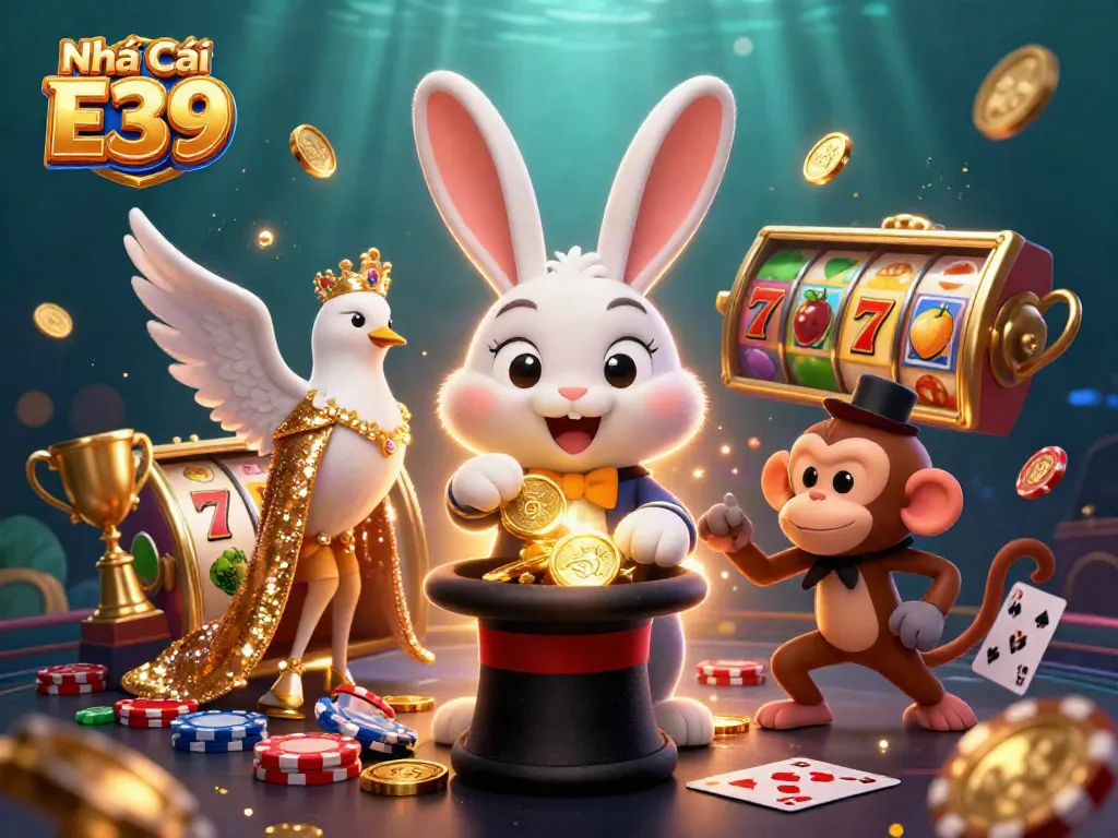 Experience the magic of Nhà Cái E39 with a whimsical casino scene featuring vibrant characters and dynamic game elements.