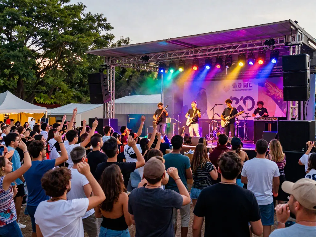 Energetic crowd enjoying live music at an outdoor concert, go to these guys vibrant atmosphere.