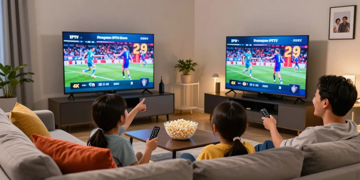 Gezellige woonkamer met gezin dat beste iptv in 4K kijkt op grote televisie