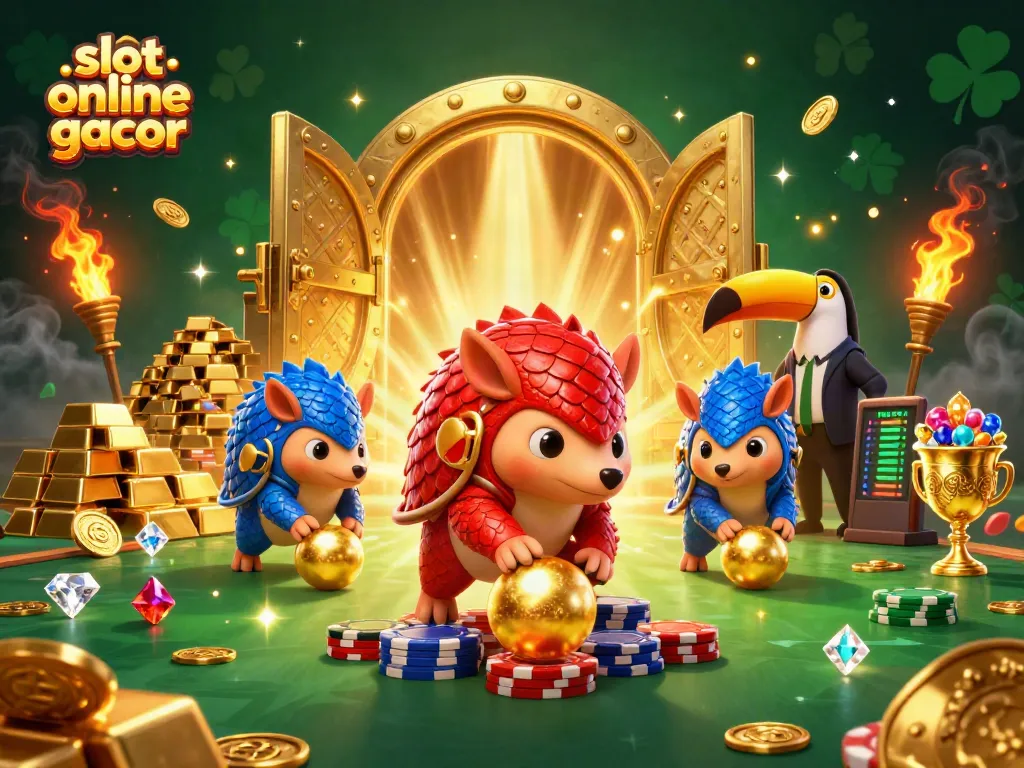 Experience thrilling slot online gacor action as pangolins roll through golden poker chips.