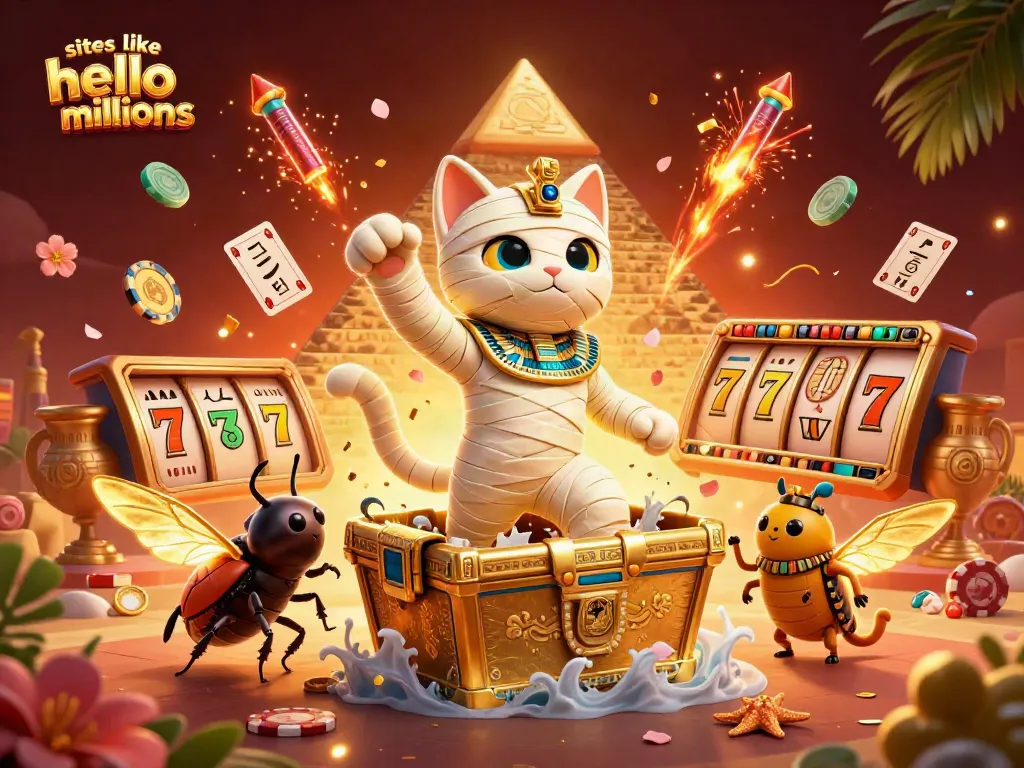 Win big on sites like Hello Millions with a vibrant casino scene featuring a mummy cat and scarab!