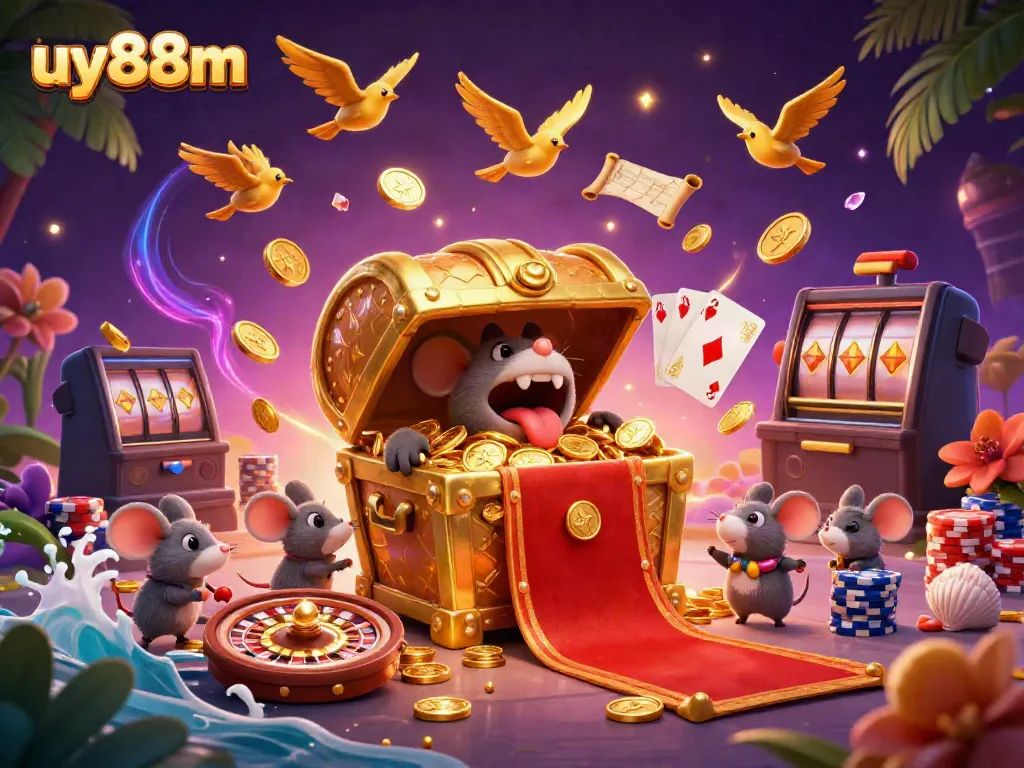 Experience excitement at uy88m with treasure chests, coins, and spinning roulette wheels in a vibrant casino scene.