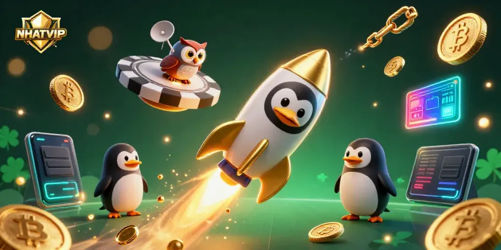 NHAIVIP penguin cartoon launching into a casino-themed galaxy, showering golden coins