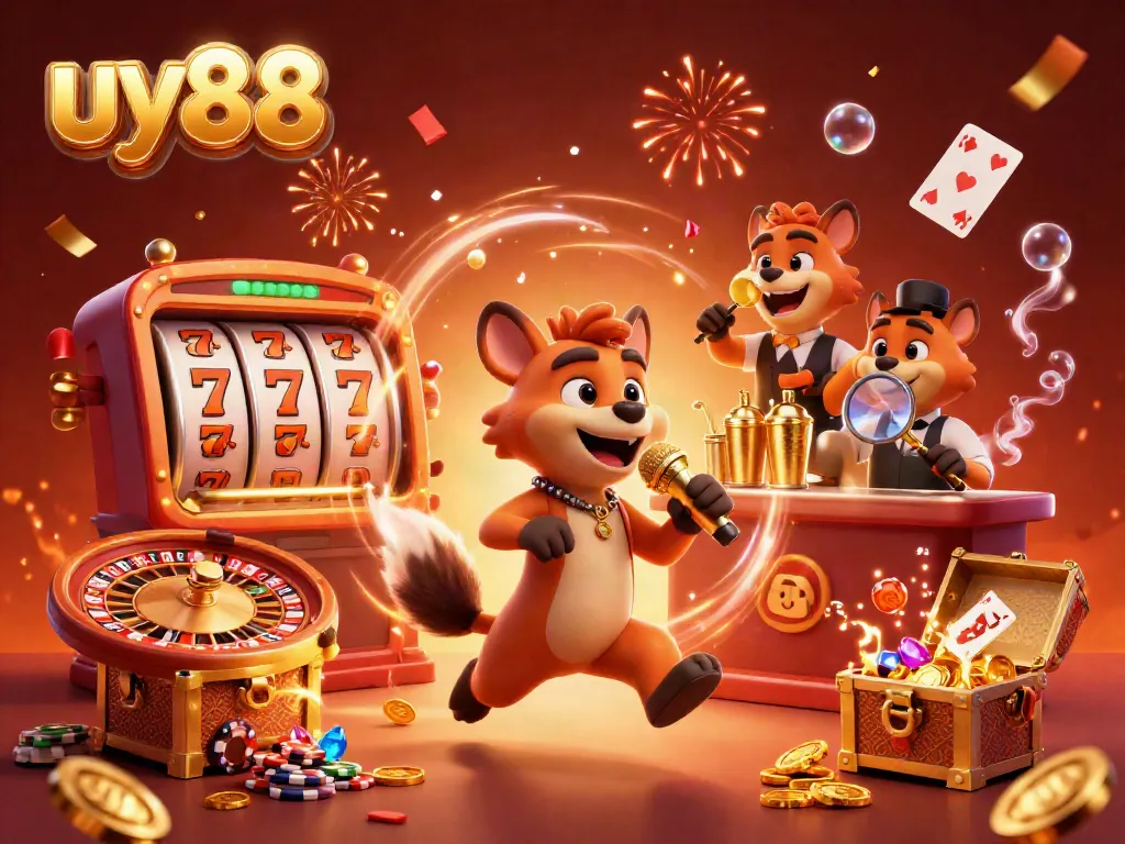 Experience the fun at uy88 casino with hyenas running a comedy club amidst colorful gaming elements.