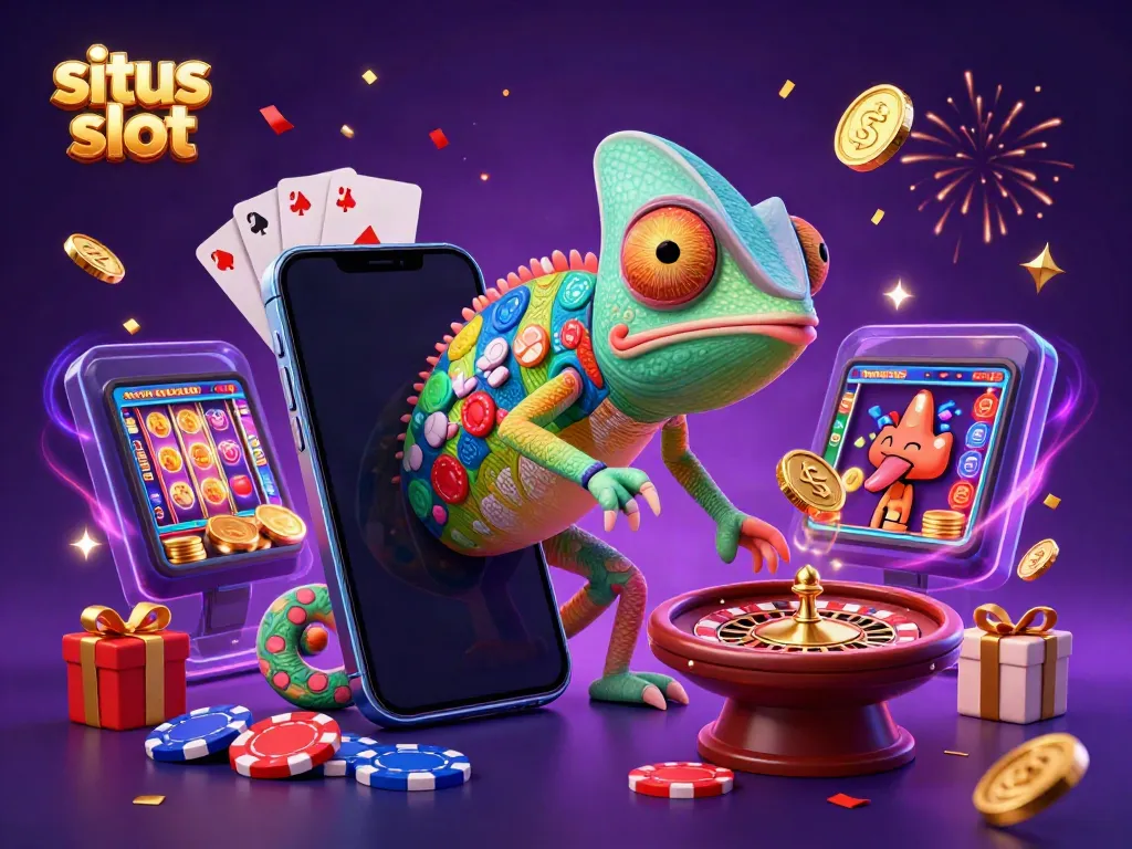 Engage with situs slot's vibrant 3D casino scene showing a chameleon character and dynamic gaming elements.