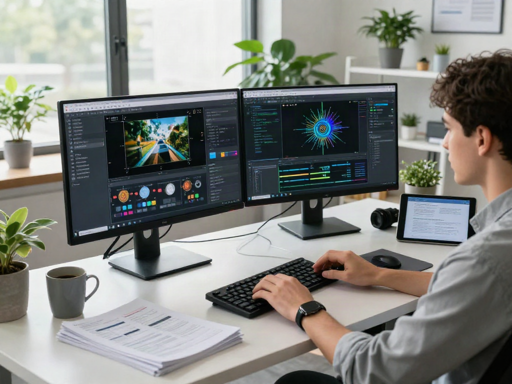 AI Image Detector in action at a tech workspace with advanced software and dual monitors.