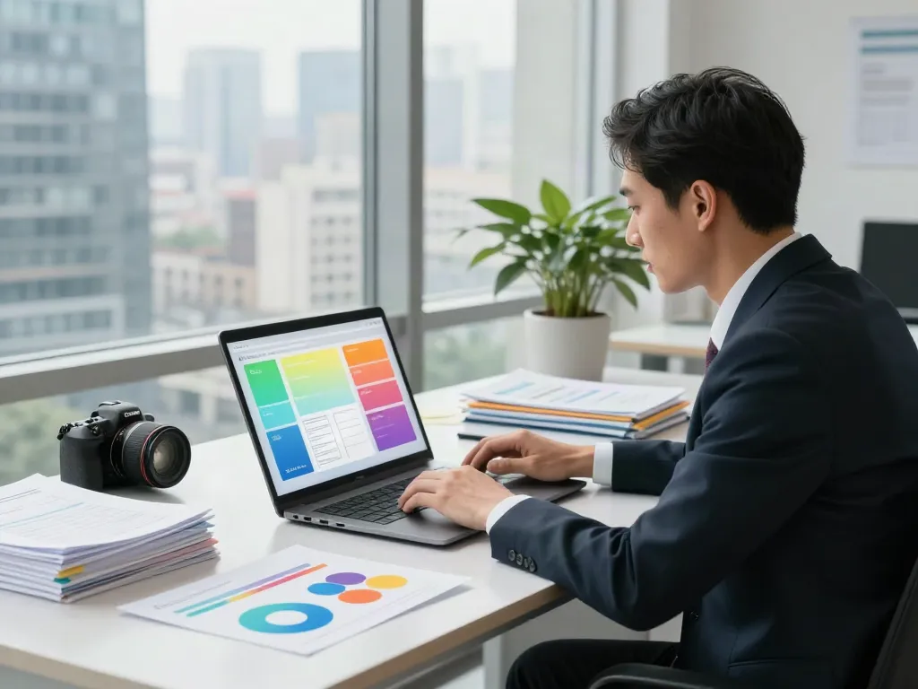 Professional accountant utilizing bookkeeping services at a modern office desk with spreadsheets and financial documents.
