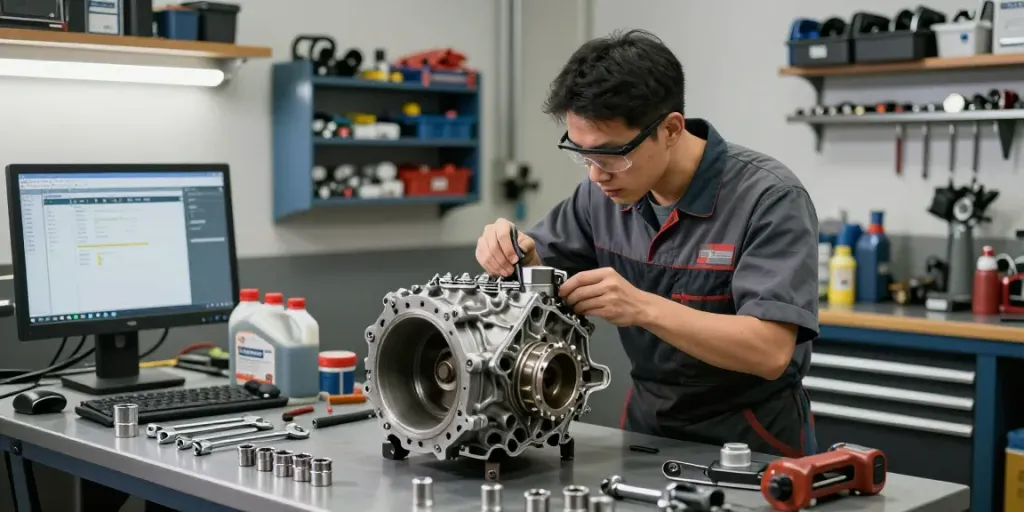 Mechanic inspecting a CD009 transmission in a professional automotive workshop.