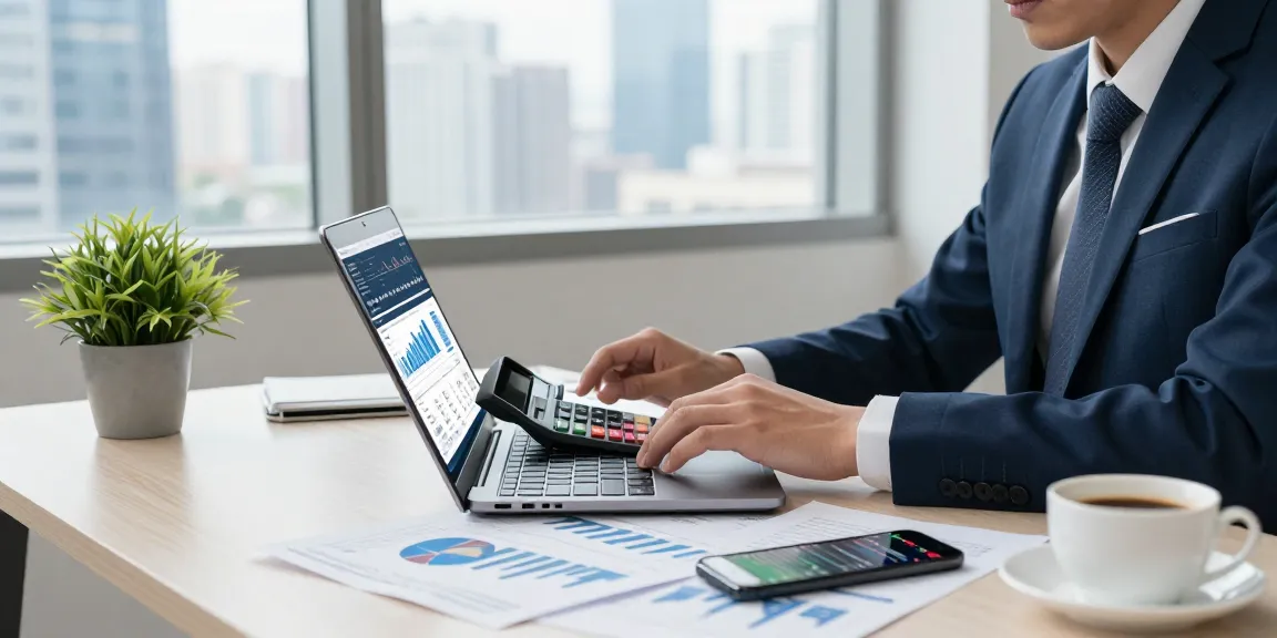 Business valuation calculator in use by a financial analyst assessing market trends in a modern office setting.