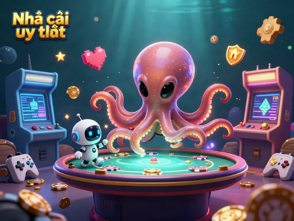Engage with Nhà cái uy tín in an immersive gaming scene featuring a playful alien octopus and robot.