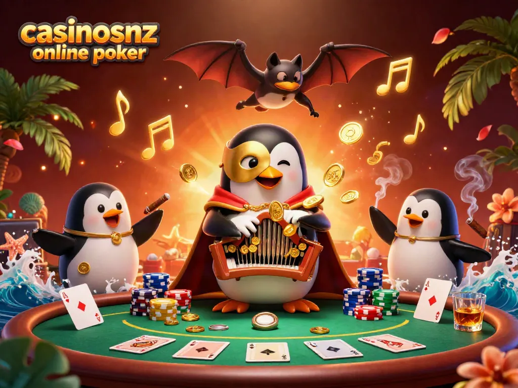 Experience casinosnz online poker action featuring a dynamic penguin playing poker as coins fly.