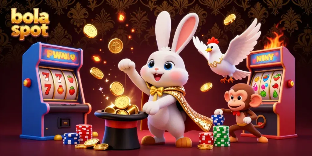 Experience the excitement of bola slot with a vibrant 3D scene featuring a magician rabbit, dove assistant, and playful monkey amidst slot game elements.