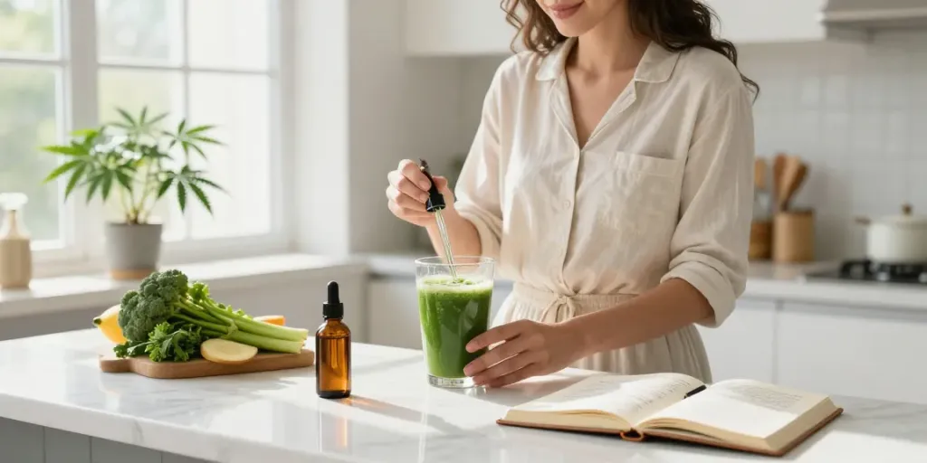 Buy cheap cigarette online Australia with a wellness twist, showcasing CBD oil, healthy smoothie, and a calming kitchen setting.