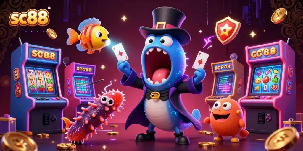 sc88 displays a magical casino scene with a bioluminescent eel and anglerfish performing tricks.