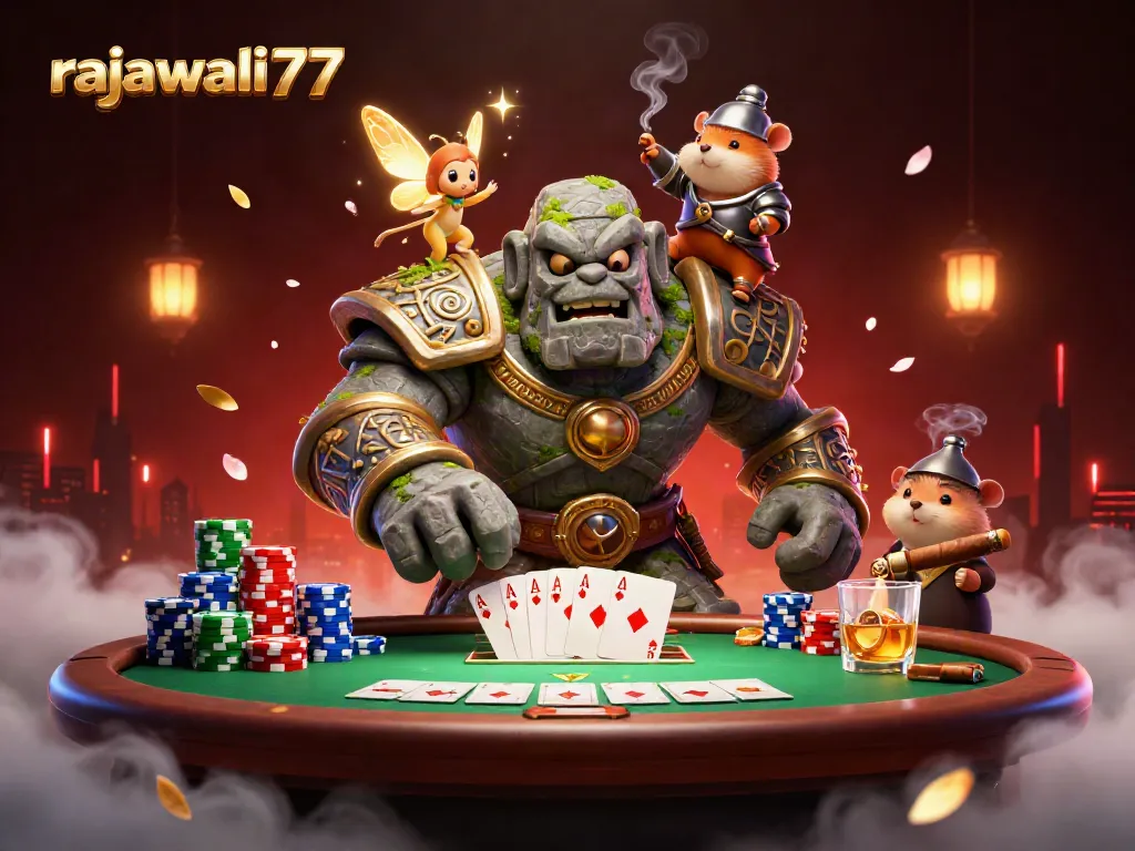 Ilustrasi 3D Rajawali77 menunjukkan golem kuno, peri, dan ksatria hamster di kasino dengan kartu dan chip.