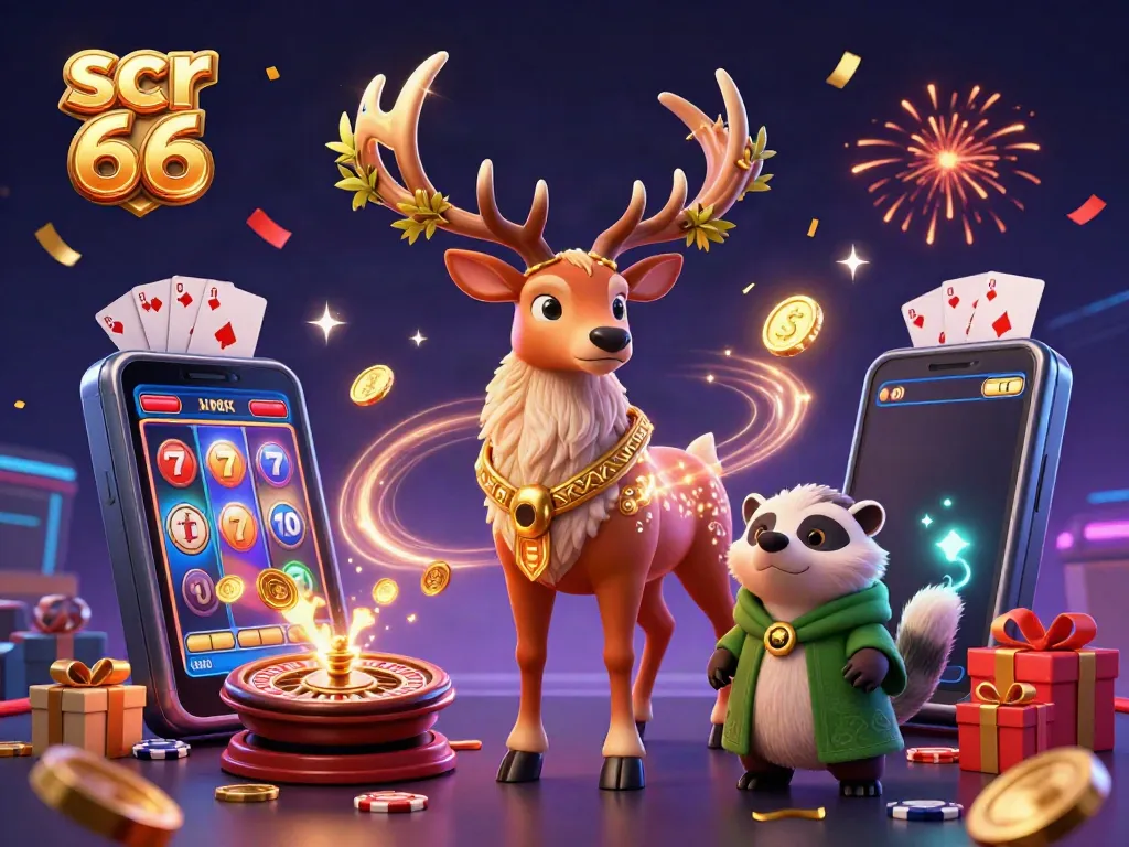 Experience the thrilling excitement of scr 66 with vibrant slot games, coins, and festive elements.