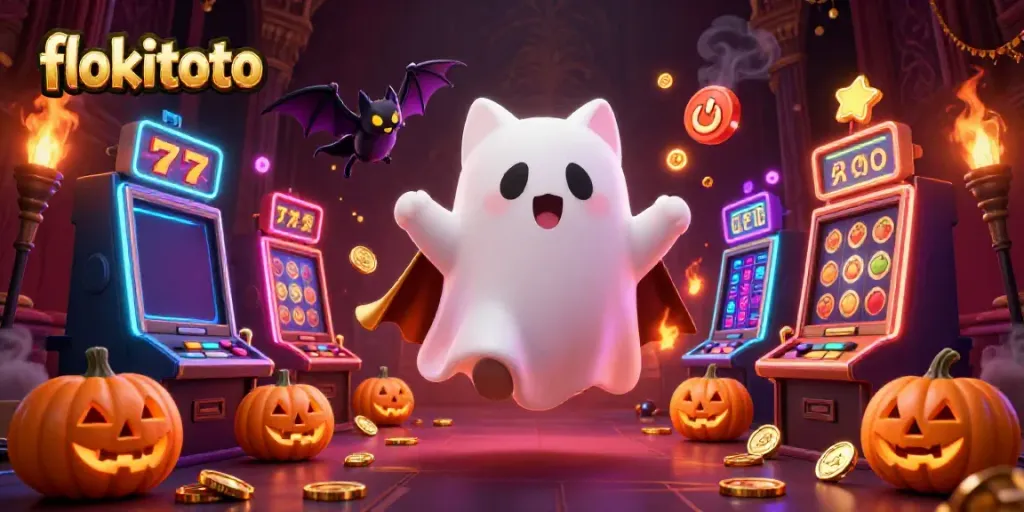 Experience the excitement of flokitoto in a vibrant haunted casino world with glowing slot machines.